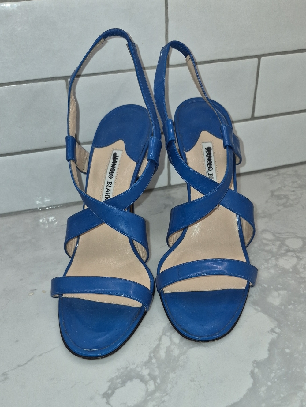 Manolo Blahnik Electric Blue Crisscross Leather Slingback Heels